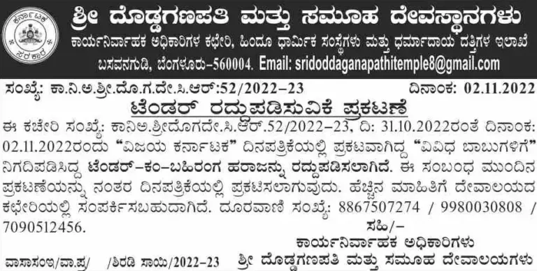 ಟೆಂಡರ್‌ ವಿವಾದ: ಟೆಂಡರ್‌ ಪ್ರಕಟಣೆ ಹಿಂಪಡೆದ ದೊಡ್ಡಗಣಪತಿ ದೇವಸ್ಥಾನ